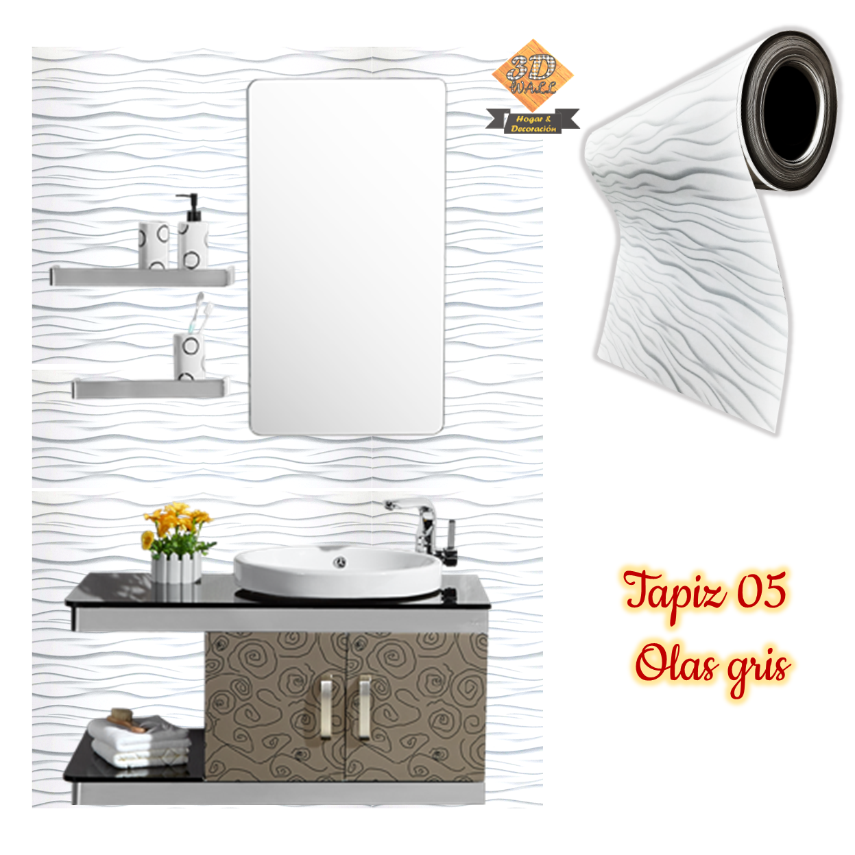Rollo papel adhesivo decorativo Olas gris 2,5mts x70cms - Imagen 2