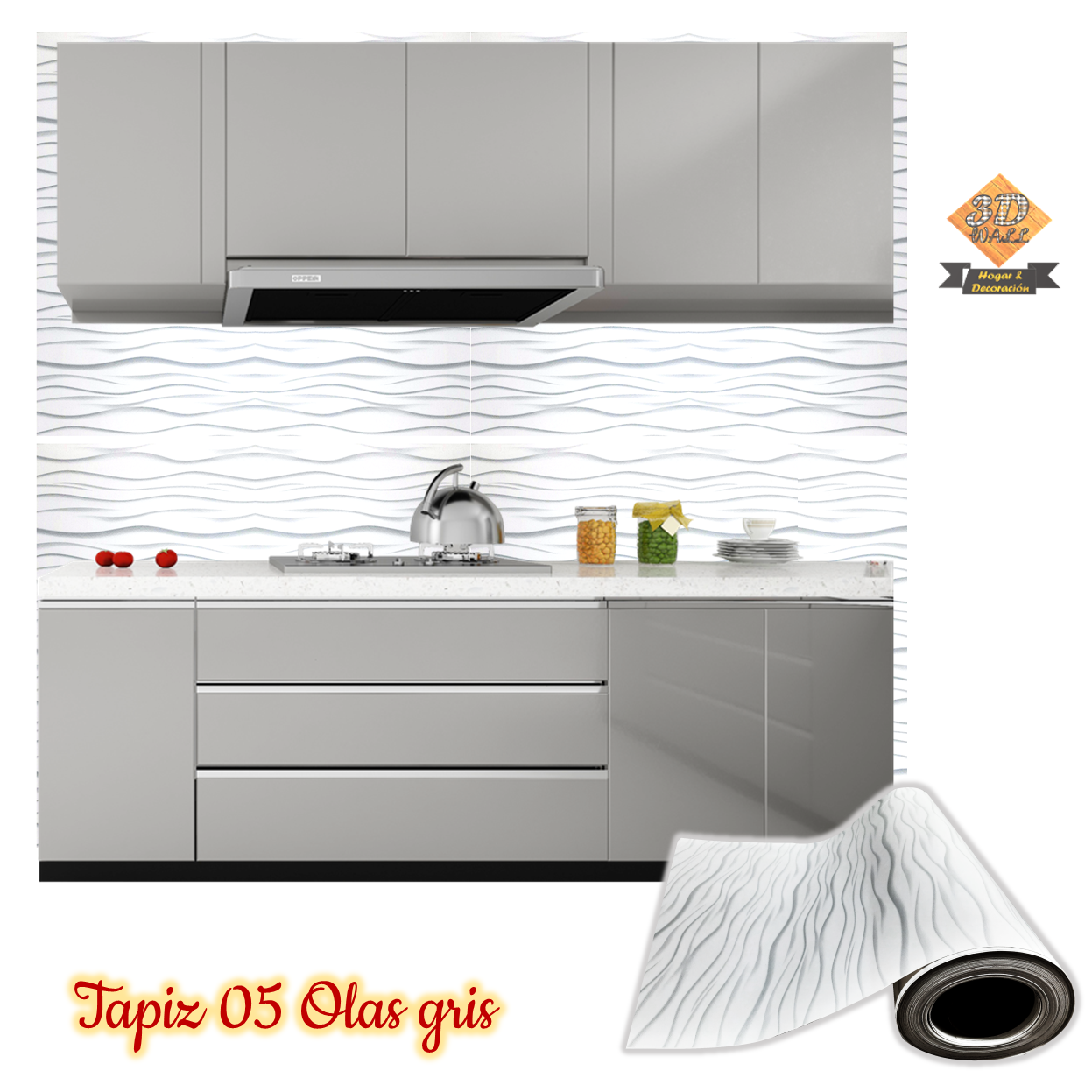 Rollo papel adhesivo decorativo Olas gris 2,5mts x70cms - Imagen 3