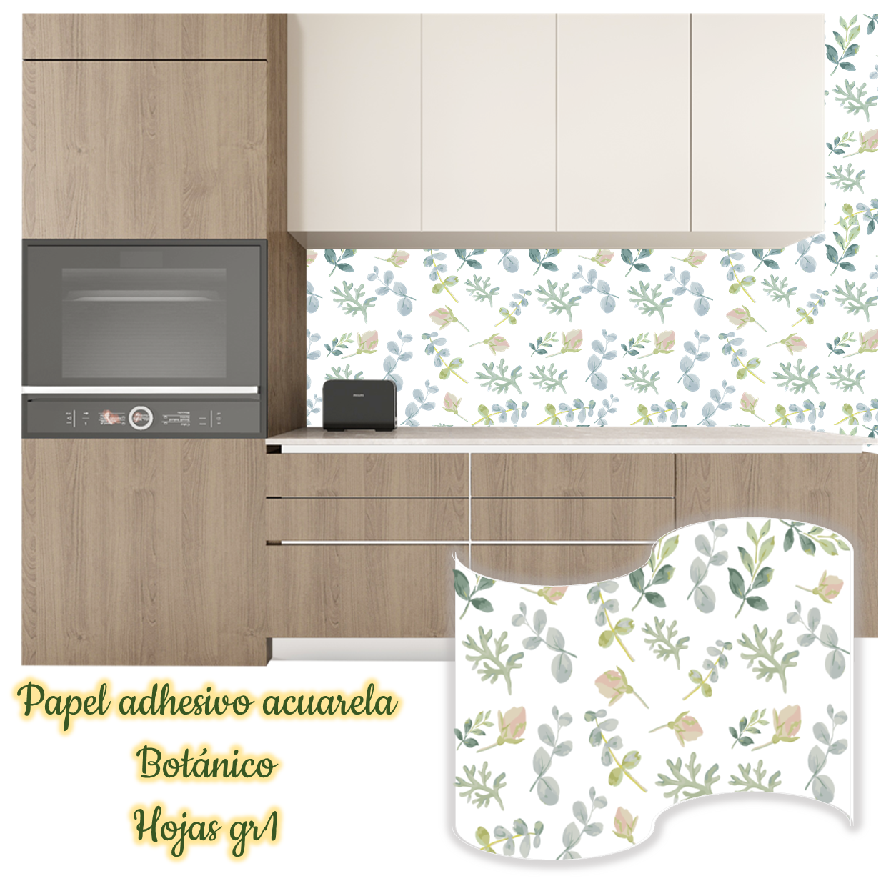 Rollo papel adhesivo decorativo Hojas acuarela1 (2,5mts x70cms) - Imagen 4