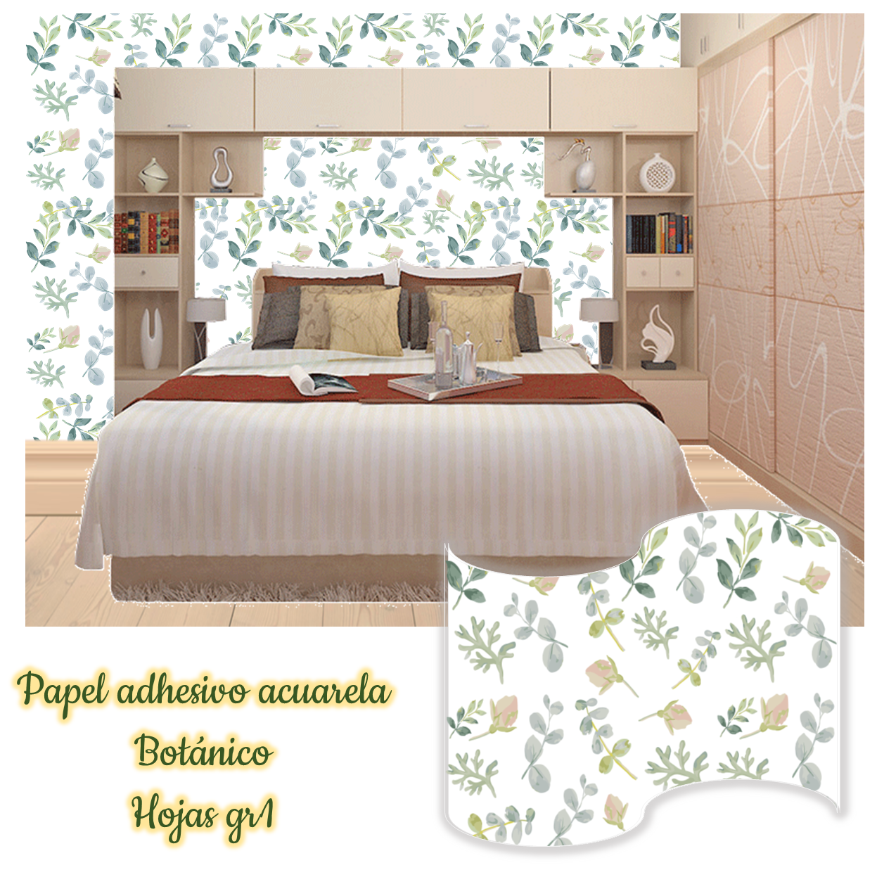 Rollo papel adhesivo decorativo Hojas acuarela1 (2,5mts x70cms) - Imagen 3