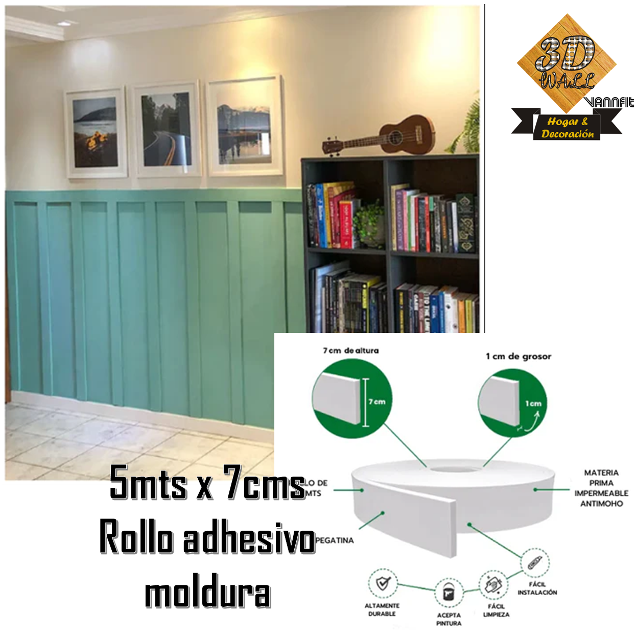 Moldura Adhesiva 3D Para Paredes Ranuradas Rollo 7cm X 5mts - Imagen 2