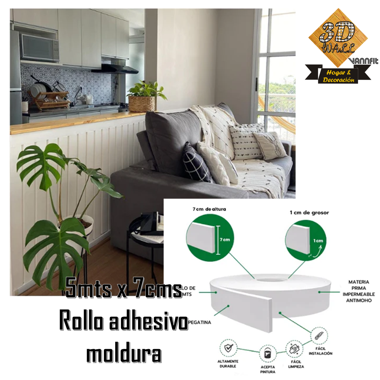 Moldura Adhesiva 3D Para Paredes Ranuradas Rollo 7cm X 5mts - Imagen 4