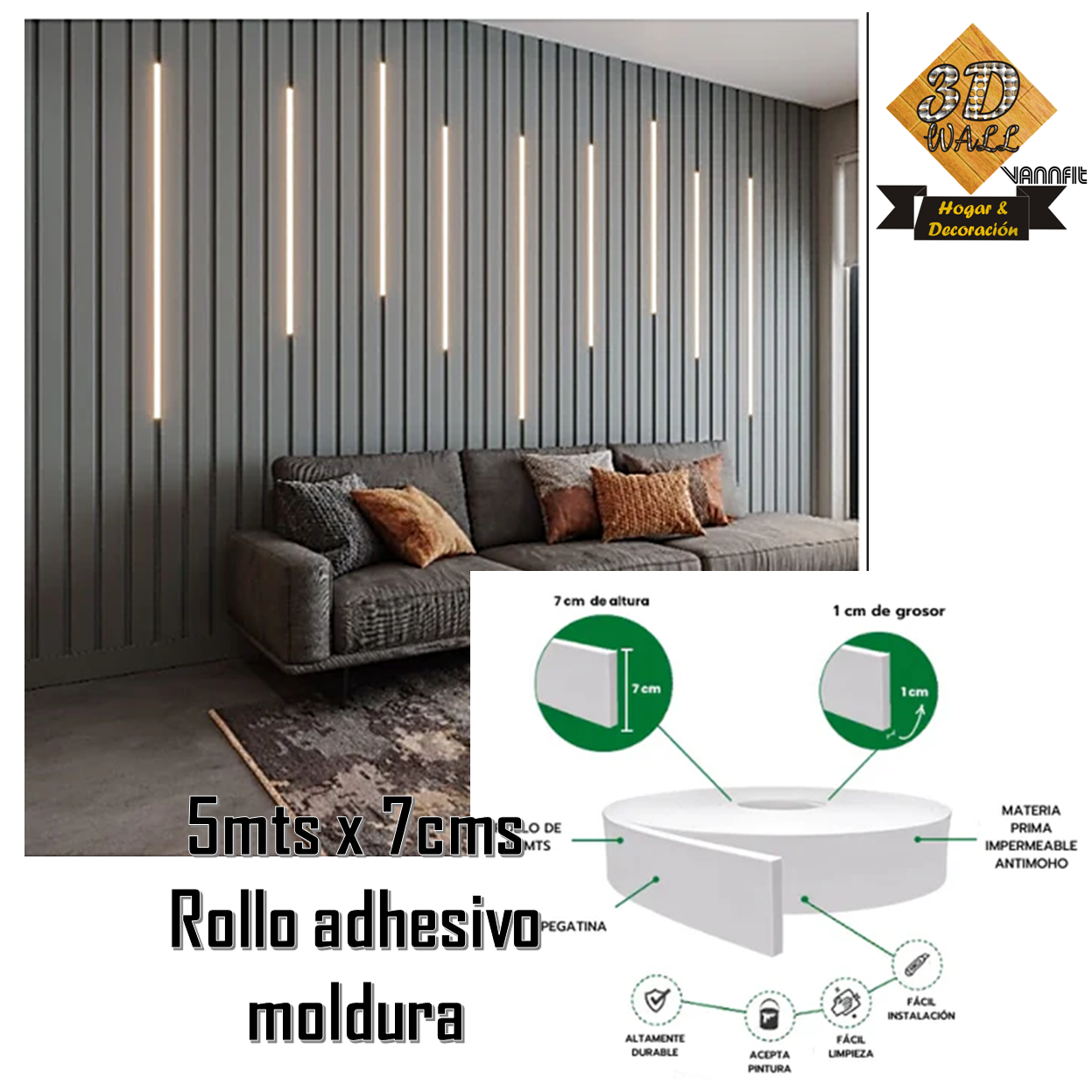 Moldura Adhesiva 3D Para Paredes Ranuradas Rollo 7cm X 5mts - Imagen 5