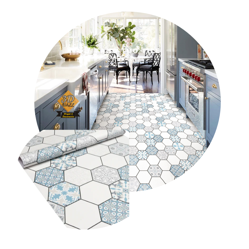 Rollo Adhesivo Vinilo Decorativo Piso Facil Trafico Medio vintage azul hexagonal