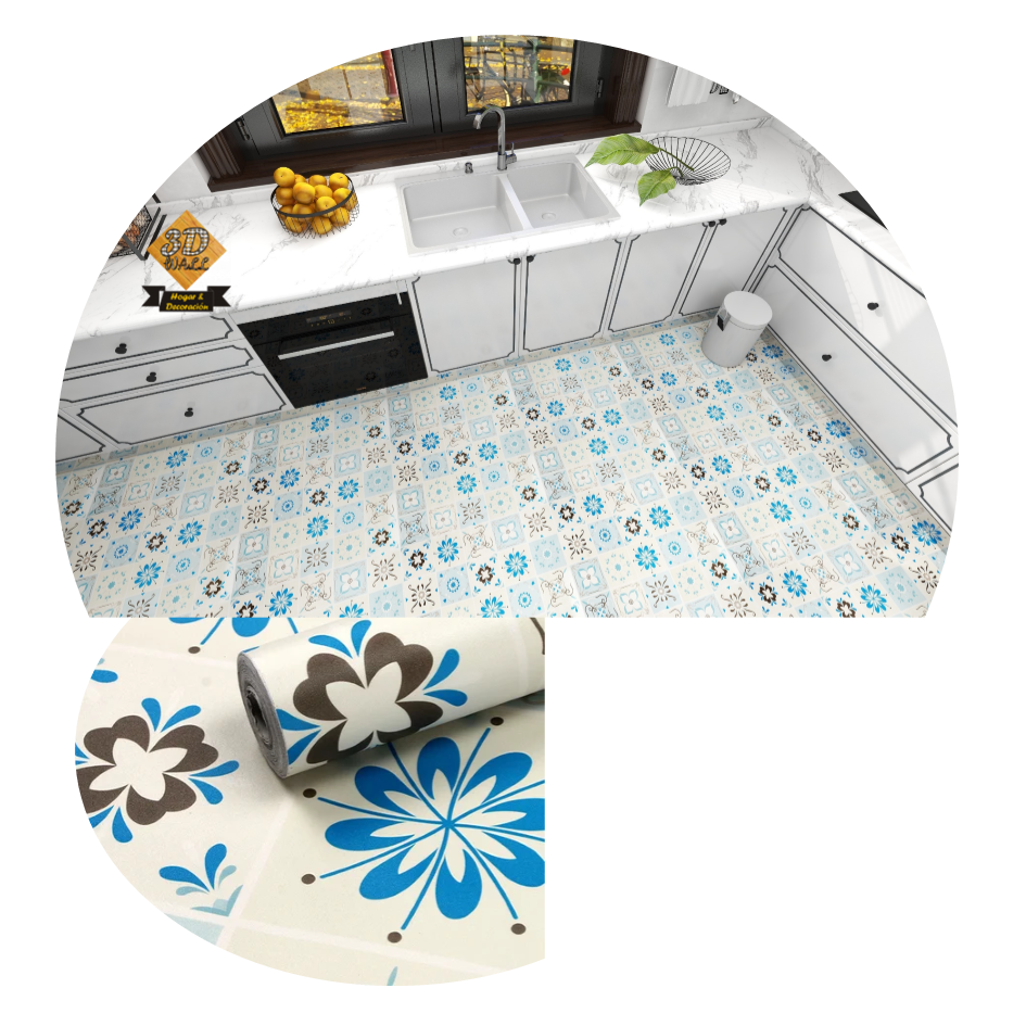 Rollo Adhesivo Vinilo Decorativo Piso Facil Trafico Medio mosaico flores azules
